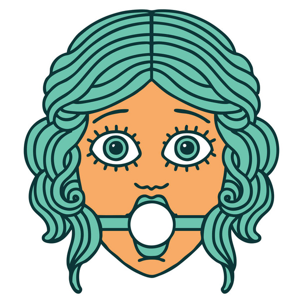 ikoninen tatuointi tyyli kuva naisen kasvot yllään pallo gag
 - Vektori, kuva