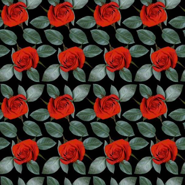 Seamless pattern with red rose flowers and green leaves on black background. Endless colorful floral texture. Raster illustration. - Fotoğraf, Görsel