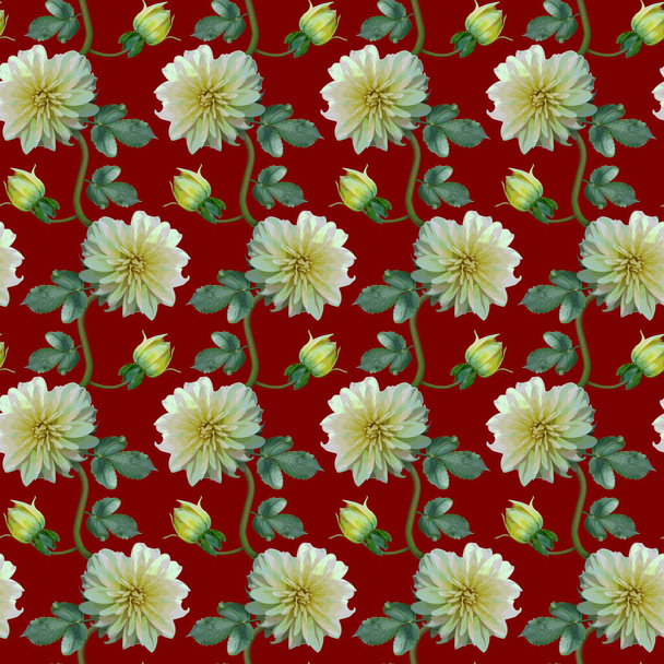 Seamless pattern with white Dahlia flowers and green leaves on red background. Endless floral texture. Raster illustration. - Foto, imagen