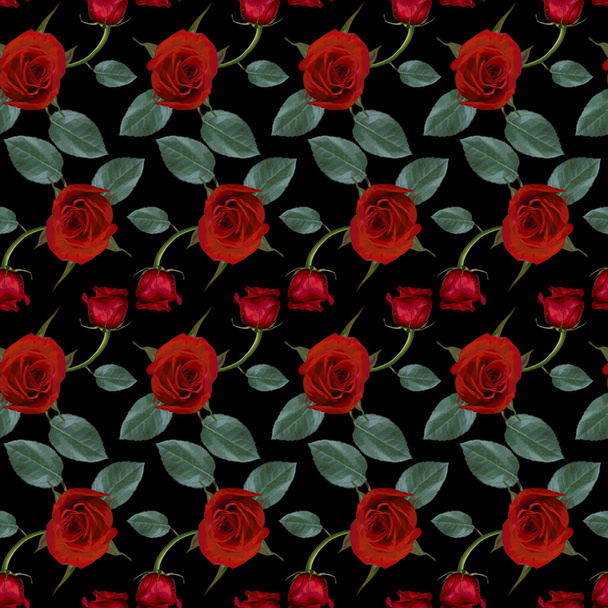 Seamless pattern with red rose flowers and green leaves on black background. Endless colorful floral texture. Raster illustration. - Foto, Bild