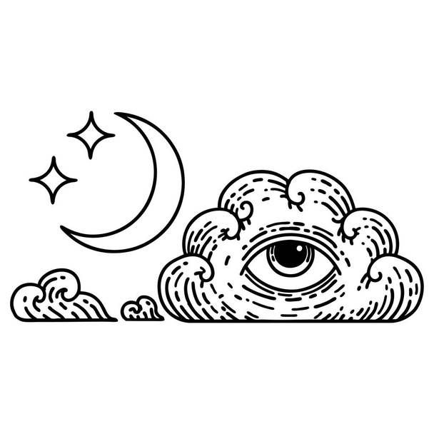 Ay yıldızları ve bulut şeklinde siyah çizgi şeklinde dövme - Vektör, Görsel