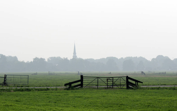 Nebel am Morgen. Foto aus holländischer Sicht. Die klassische Architektur der Niederlande. Schöne Landschaft, Natur von Holland.  - Foto, Bild