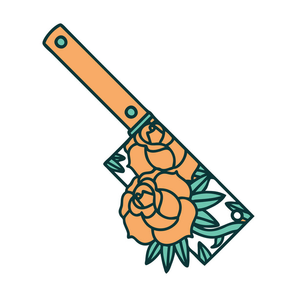 iconic tattoo style image of a cleaver and flowers - ベクター画像