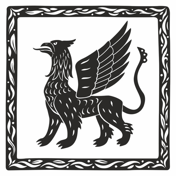 グリフィンのシルエット。中世のミニチュアの装飾的なグラフィックスタイル。ベクトルハンドイラスト - ベクター画像