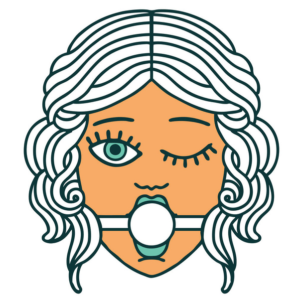 iconic tattoo style image of a winking female face wearing ball gag - Vector, Image