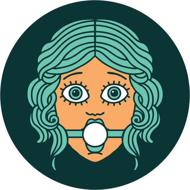 iconic tattoo style image of female face wearing a ball gag - Vector, Image