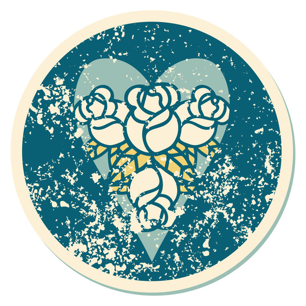 iconic distressed sticker tattoo style image of a heart and flowers - Vector, afbeelding