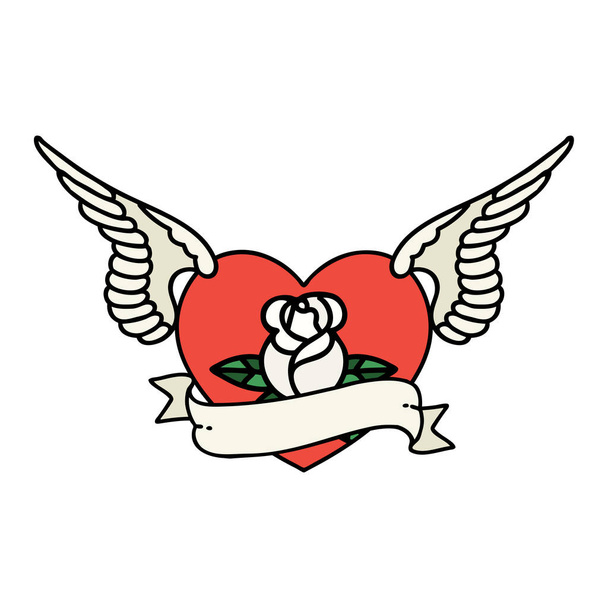 τατουάζ σε παραδοσιακό στυλ μιας ιπτάμενης καρδιάς με λουλούδια και πανό - Διάνυσμα, εικόνα
