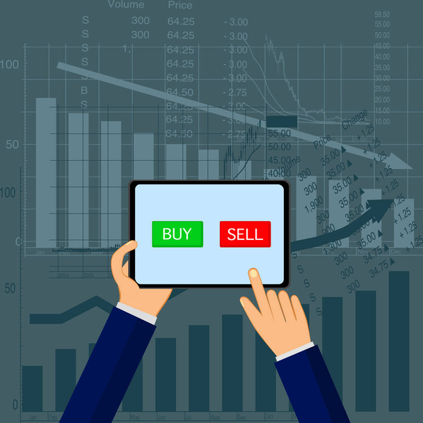 Bolsa de valores, comerciante analizando gráfico de velas índice decidiendo comprar o vender
 - Vector, Imagen