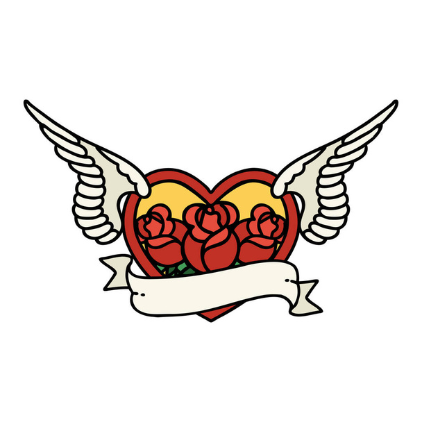 tatuaggio in stile tradizionale di un cuore volante con fiori e striscione
 - Vettoriali, immagini