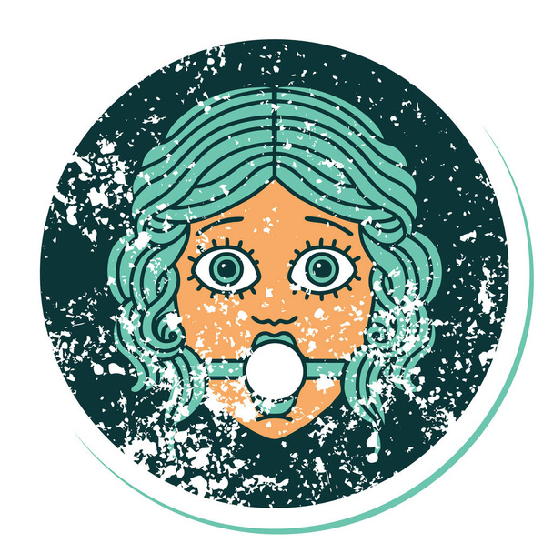 iconic distressed sticker tattoo style image of female face wearing a ball gag - Vector, Image