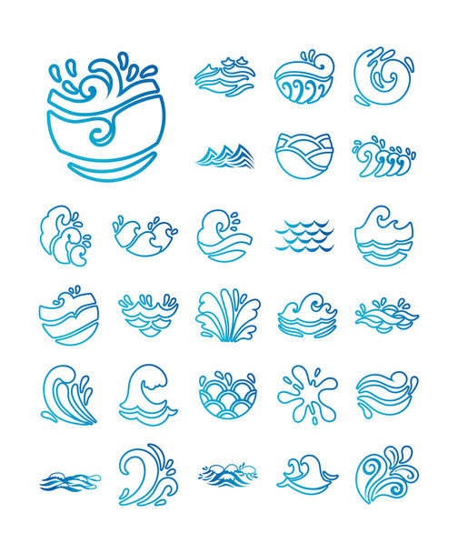 bundle of waves ocean set icons - Vector, Image