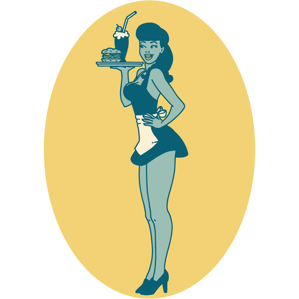 tattoo in traditional style of a pinup waitress girl - Vector, Image