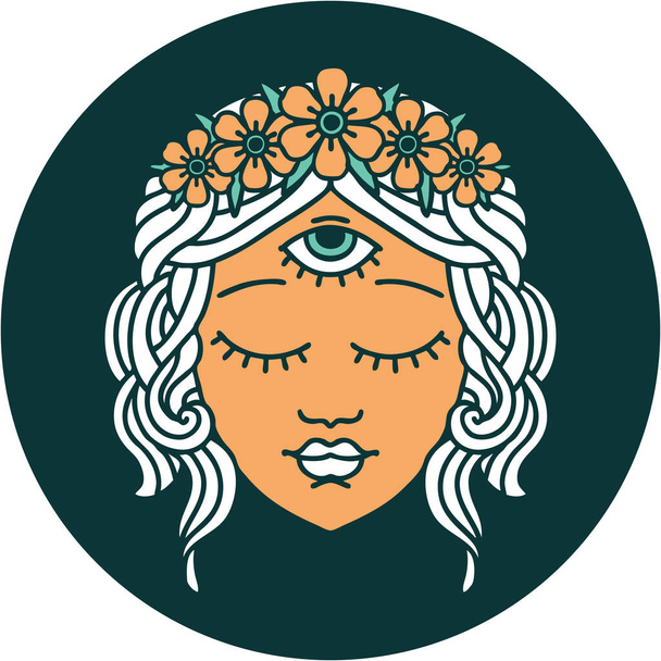 знаковий стиль татуювання зображення жіночого обличчя з третім оком та короною квітів
 - Вектор, зображення