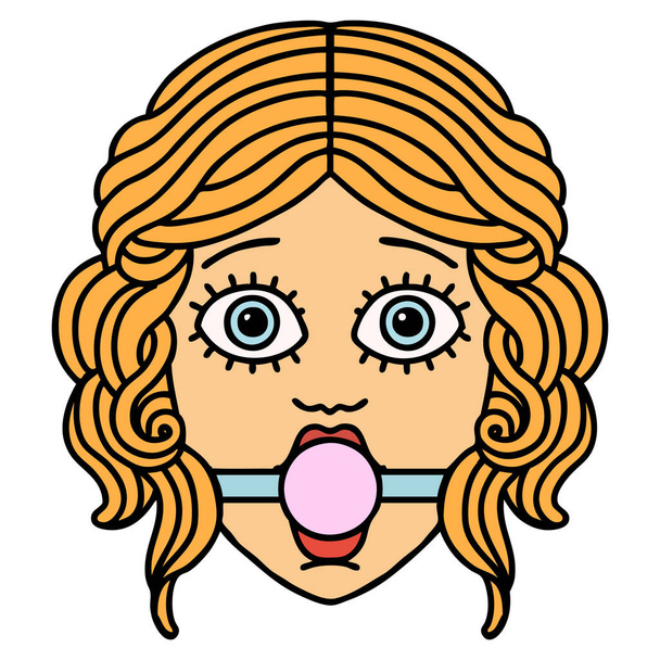 tattoo in traditional style of female face wearing a ball gag - Vector, Image