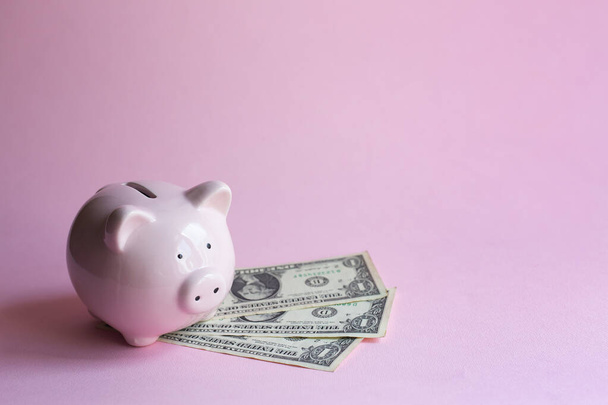 Pink piggy bank on dollars on pink background. Saving money during coronavirus quarantine. Horizontal, copy space. - Фото, изображение