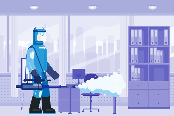 Man edical scientist in chemical protection suit disinfects spray to cleaning and disinfect virus Covid-19 in house interior, Coronavirus disease, preventive measures. Vector illustration flat style - Vector, Image