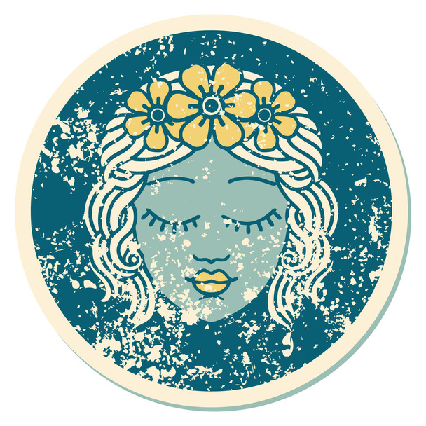 iconic distressed sticker tattoo style image of a maidens face - Vector, Image
