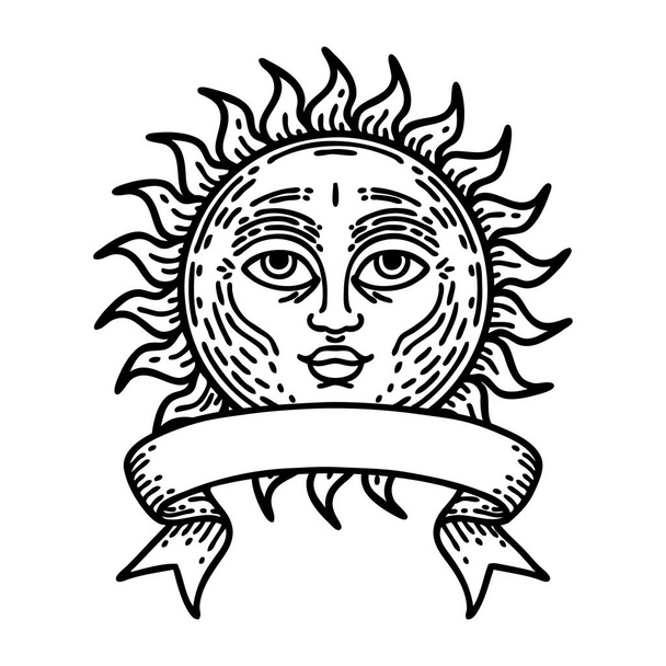 traditionele zwarte lijn tatoeage met banner van een zon met gezicht - Vector, afbeelding