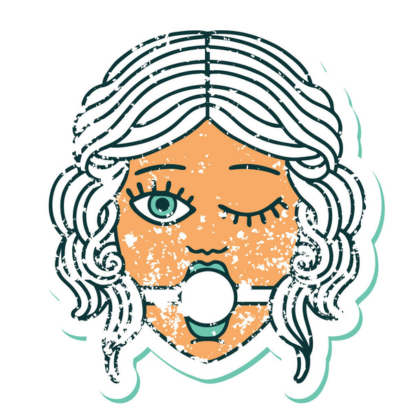 iconic distressed sticker tattoo style image of a winking female face wearing ball gag - Vector, Image