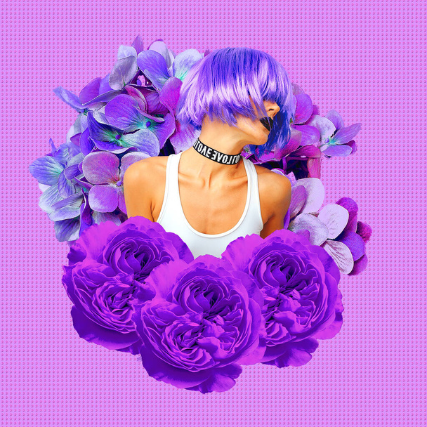Contemporary art collage. Hairdresser's services creative concept. Fashion girl with purple hair - Foto, Imagem