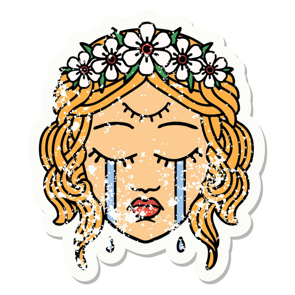 tatuagem adesiva angustiada no estilo tradicional do rosto feminino com terceiro olho e coroa de flores Cyring
 - Vetor, Imagem