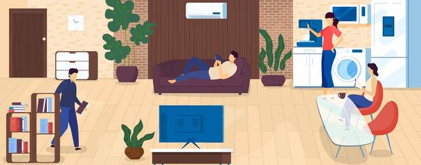 Home leisure and rest after work, people spending time indoors, relax, drinking coffee, reading book cartoon vector Illustration. - Vector, Image