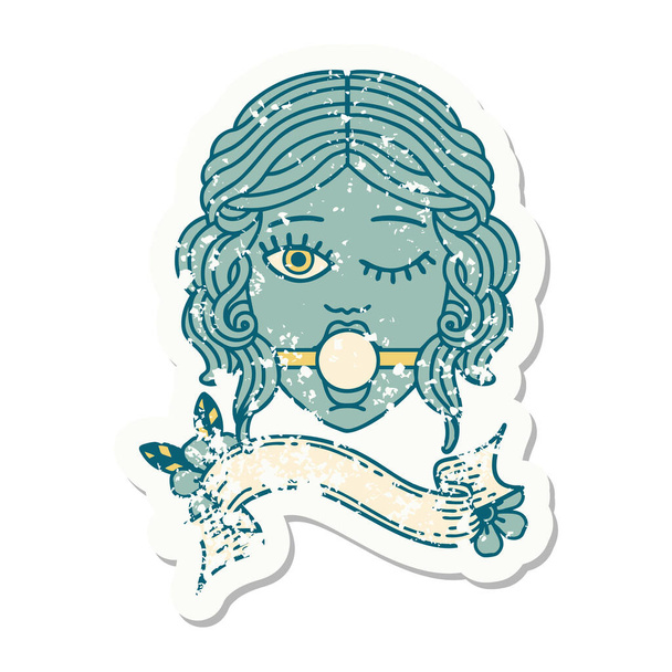 worn old sticker with banner of a winking female face wearing ball gag - Vector, Image