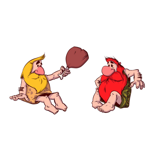 Cartoon illustratie van twee holbewoners samen zitten en praten rond het kampvuur. - Vector, afbeelding