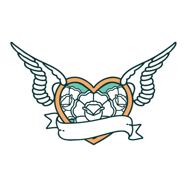 Çiçek ve bayrak taşıyan uçan bir kalbin ikonik dövme görüntüsü - Vektör, Görsel