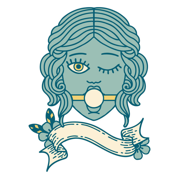 traditionelle Tätowierung mit dem Banner eines zwinkernden weiblichen Gesichts mit Ball-Gag - Vektor, Bild