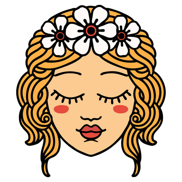 tattoo in traditional style of female face with eyes closed - Vector, Image
