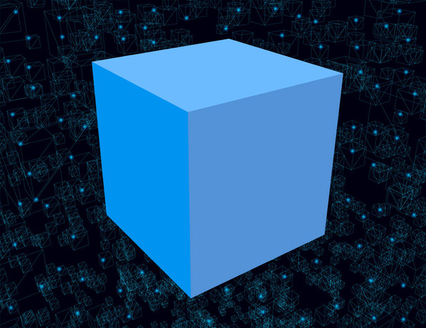 Abstract background with a blue cube and with many cube frames of blue lines with luminous lights on a dark background. 3D. Vector illustration - Διάνυσμα, εικόνα