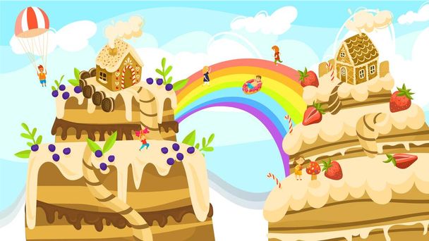 Land of sweets fantasy world, boys and girls on rainbow between cakes and gingerbread houses cartoon vector illustration. - Vector, Image