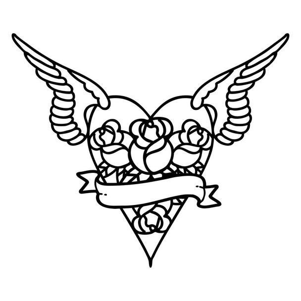 tatouage dans le style ligne noire d'un coeur volant avec des fleurs et une bannière
 - Vecteur, image