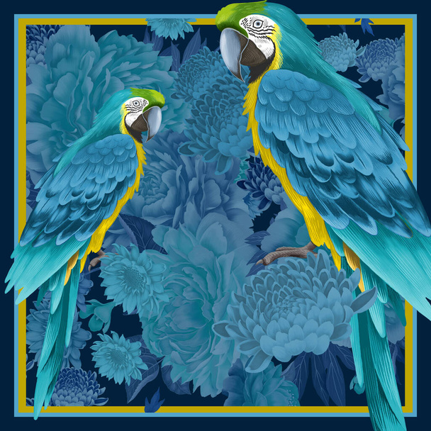 Animal print. Birds parrots, flowers and leaves. Macaw and peonies. Shades of blue. Luxurious pattern. Template for design scarf or pillow. - Foto, Bild