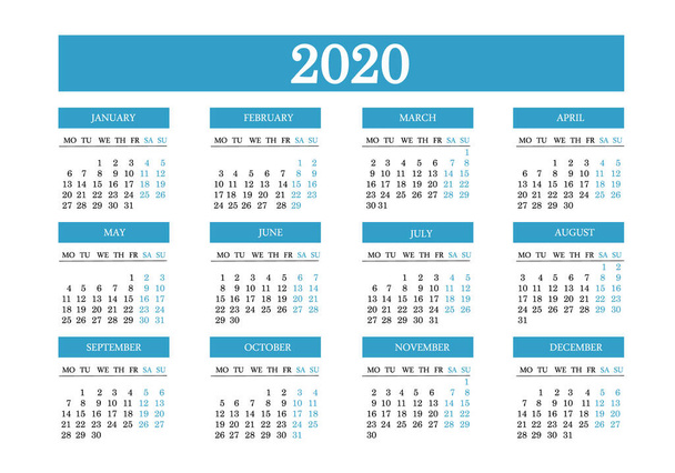 Ημερολόγιο 2020. Η εβδομάδα αρχίζει τη Δευτέρα. Χαρτικά 2020 πρότυπο με απλό σχεδιασμό. Διάνυσμα. - Διάνυσμα, εικόνα