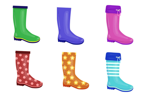 Set of colored rubber boots. Monotonous, flowered, polka-dot boots. Realistic vector illustration isolated on white background. - Vector, Image