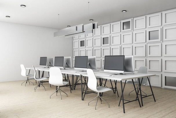 Contemporary blurry coworking office interior with equipment with computers on desktop, other pieces of furniture and daylight. 3D Rendering - Photo, Image
