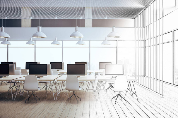 Modernes Coworking-Bürointerieur mit Ausstattung am Desktop und Blick auf die Stadt. 3D-Rendering - Foto, Bild