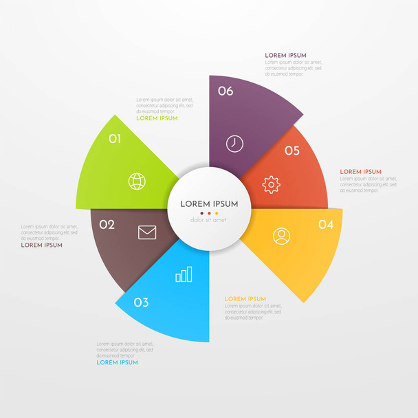 Abstract modern template for creating infographics with 6 options. Vector circle chart design. Can be used for workflow layout, presentations, reports, visualizations, diagram, web design, education. - Vector, Image