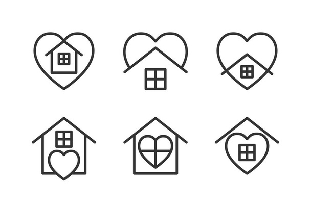 Stay home icons set with heart and home shape. Stay safe and self-isolation line signs, prevent coronavirus spread. Simple design elements for protection against COVID-19. Vector illustration. - Vector, Image