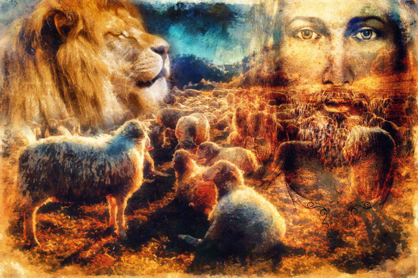 Jesus The Good Shepherd, Jesus and lambs and lion. - Photo, Image