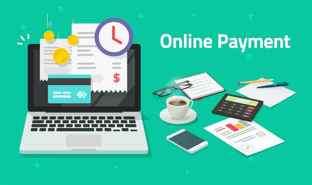 Paying bills online via credit card on laptop computer or electronic shopping concept on pc with digital internet payment invoice on pc notebook vector flat cartoon transaction with financial receipt - Vector, imagen
