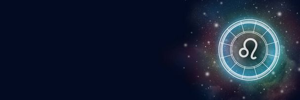 Círculo astrológico con el signo del zodíaco Leo sobre un fondo del cielo estrellado. Ilustración para horóscopo. Banner. Copiar espacio
. - Foto, Imagen