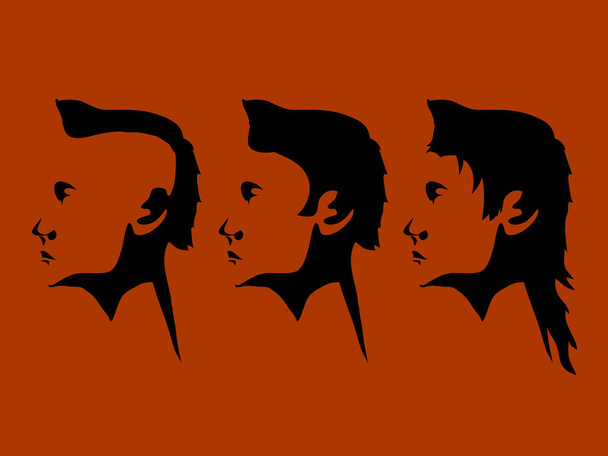 Trio Of Male Head Black Silhouette Hand Drawn With Different Hair Style Over Dark Orange Landscape Background - Vector, Image