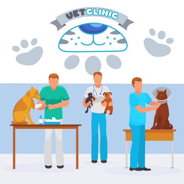 Κτηνιατρική κλινική φροντίδα των ζώων, κατοικίδιο ζώο γιατρό χαρακτήρα σώσει γάτα σκυλί απομονώνονται σε λευκό, επίπεδη διανυσματική απεικόνιση. Vet νοσοκομείο διατήρηση κουτάβι γατάκι ζωής. - Διάνυσμα, εικόνα