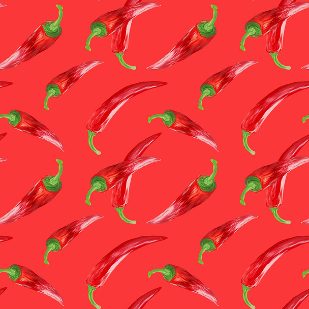 Chili peppers hand drawn red seamless pattern. Manual illustration in gouache. Natural background for wallpaper, background, fabric, textile, cafe, restaurant, exotic, packaging. - 写真・画像