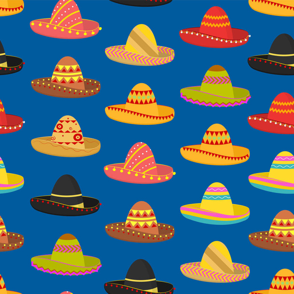 Cartoon Color Mexican Sombrero Hat Seamless Pattern Background. Vector - ベクター画像