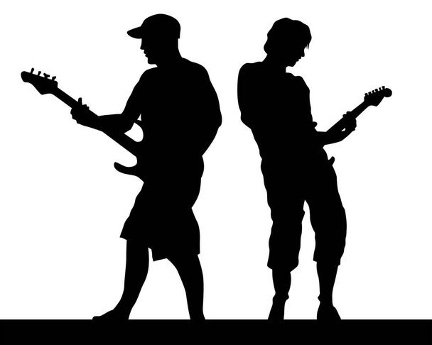 ステージ上のロックバンドミュージシャン。白い背景に孤立したシルエット - ベクター画像